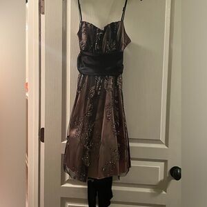 Pink dress with black mesh overlay